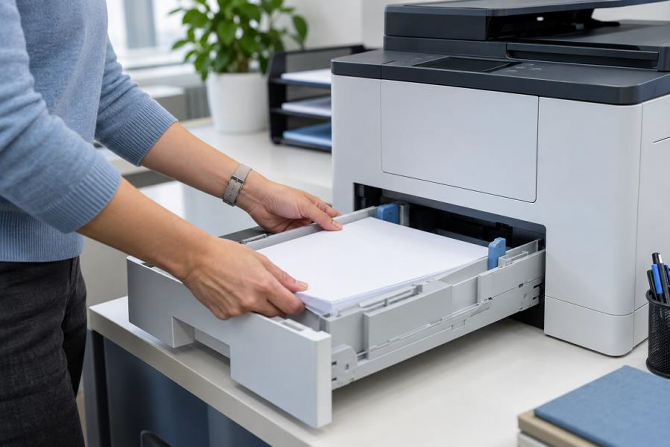 Employee loading paper into an office printer tray