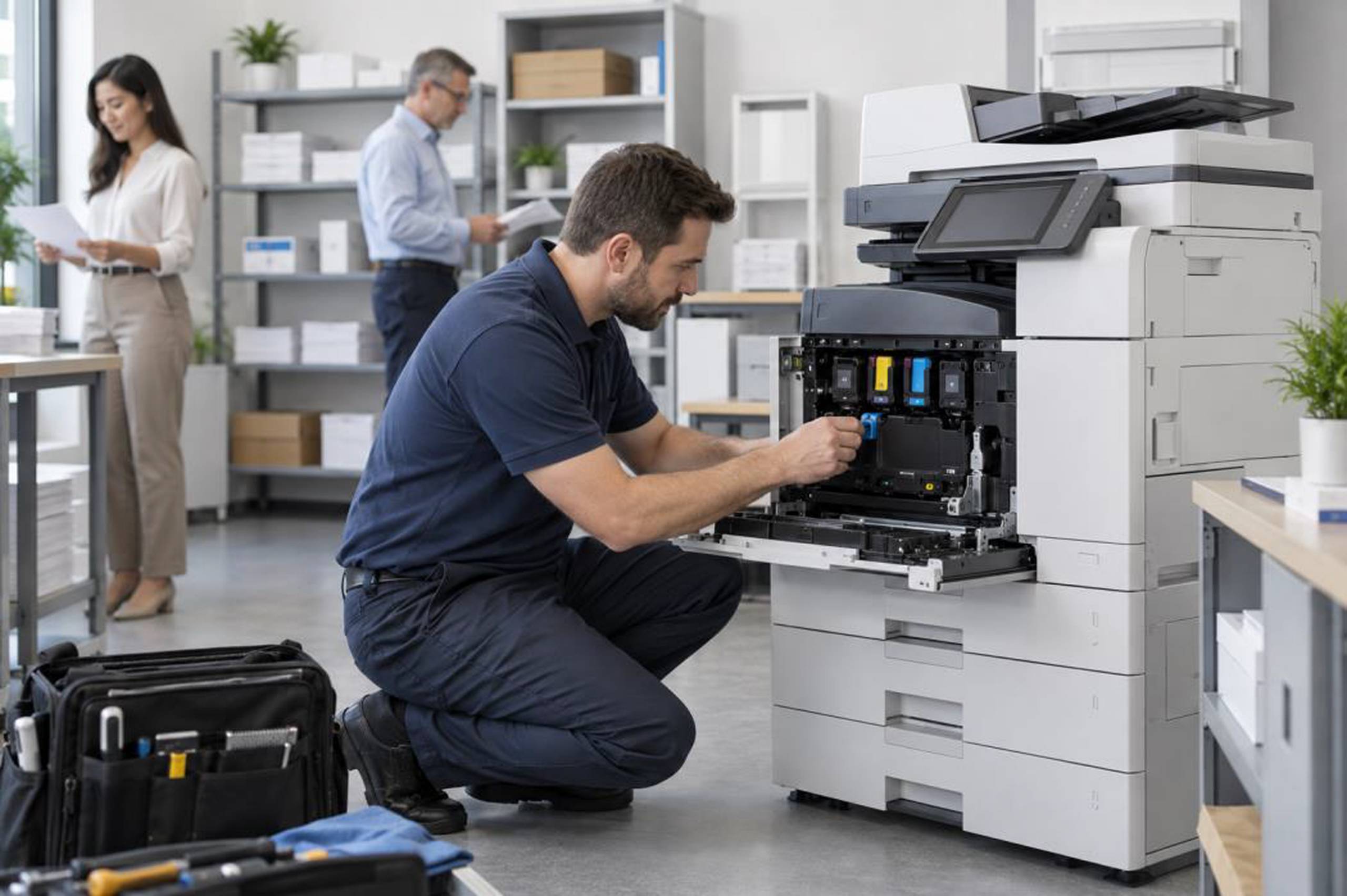 Technician performing maintenance on a commercial office printer