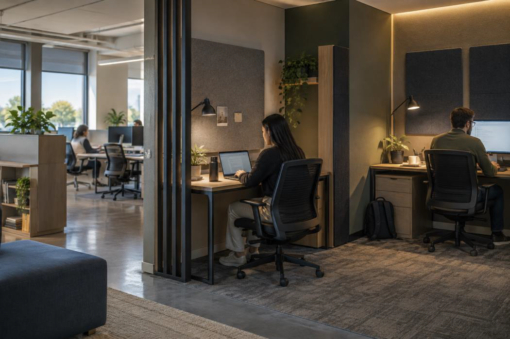 Office with dedicated quiet work areas and acoustic separation