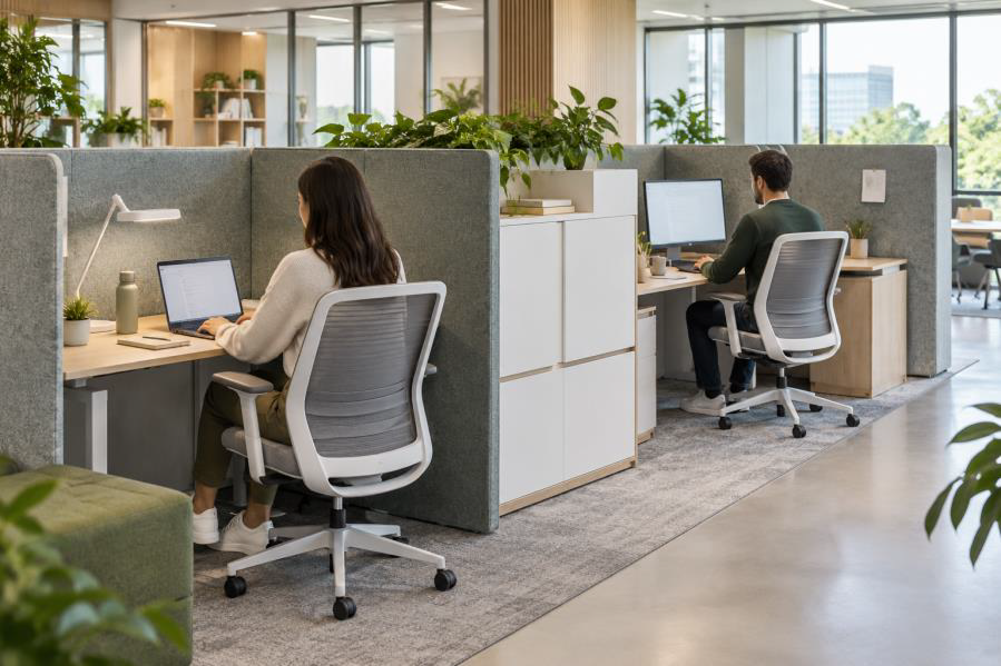 Modern office space balancing individual workstations and collaborative areas