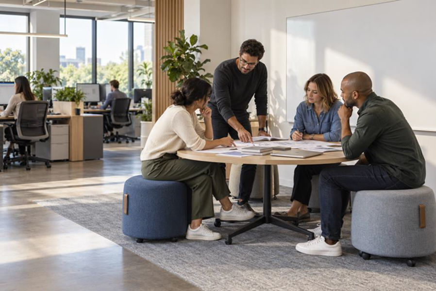 Employees focused on individual tasks in structured workspace partitions