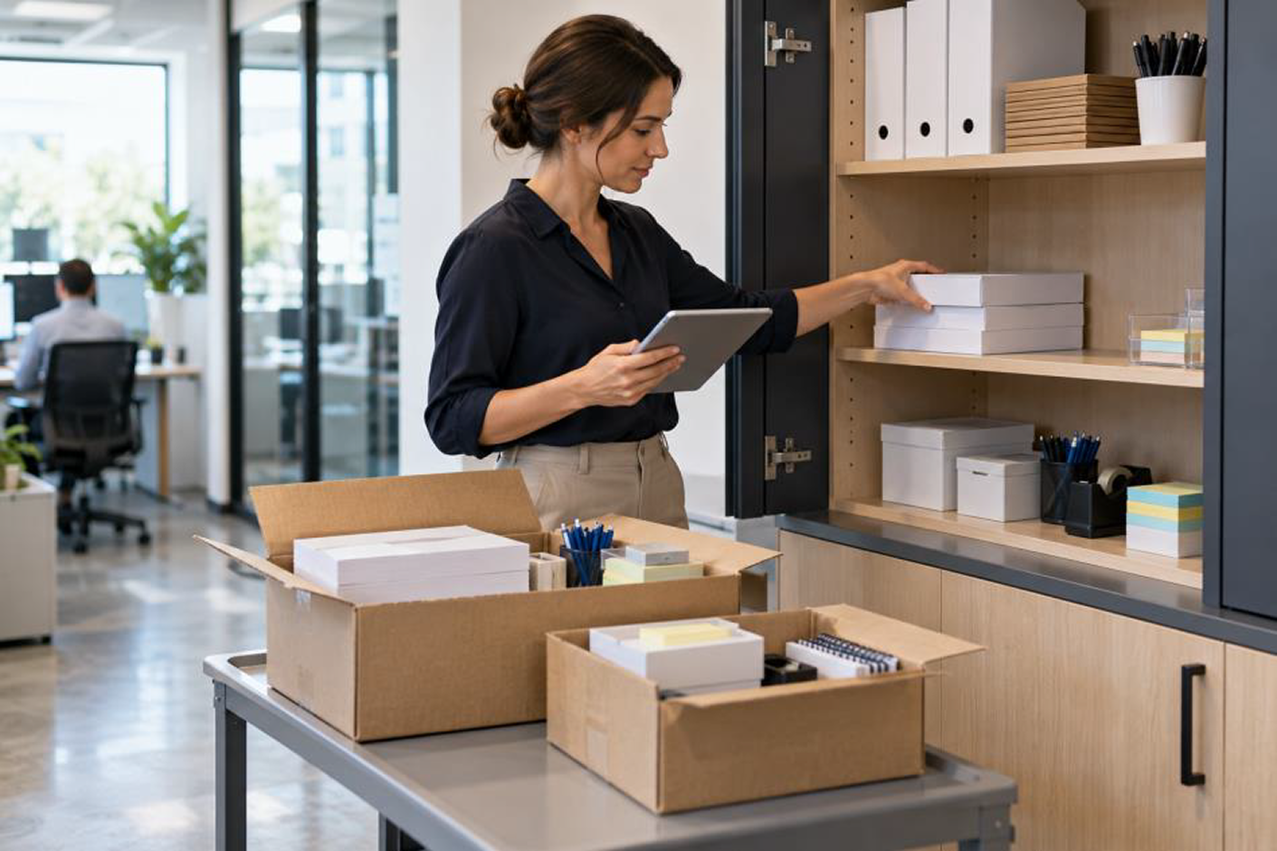 Office supply purchasing plan balancing order quantities, demand, storage, and availability